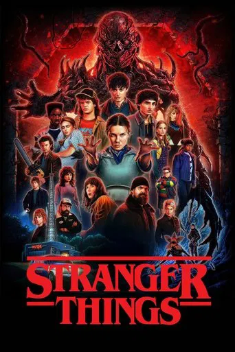 Premium IPTV UK on-demand film poster: Series poster lit in red, with a teenage cast facing a towering monster